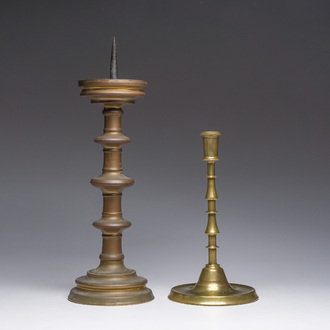 A bronze knotted candlestick and a pricket candlestick, Flanders or The Netherlands, 16th and 19th C.