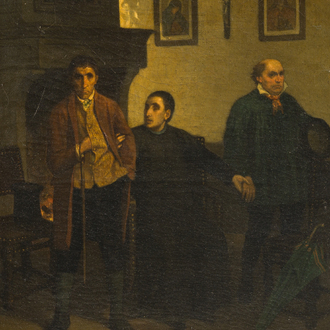 Charles de Groux (1825-1870): Interior with a priest and two men, oil on canvas
