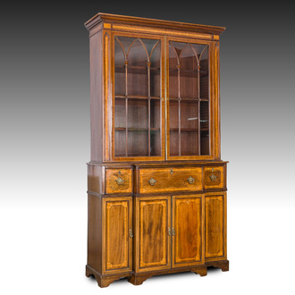 An English two-piece George III inlaid mahogany secretaire breakfront bookcase, ca. 1800