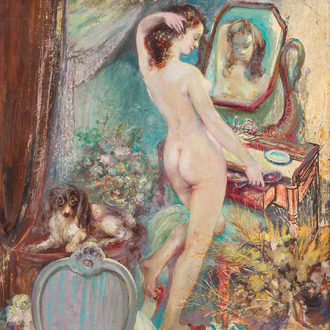 Oscar Hoge (1884-1965): Naked lady in an interior busy with her toilet, oil on board, dated 1965