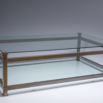 A rectangular patinated brass design coffee table with two glass shelfs, 2nd half 20th C.
