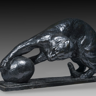 Albéric Collin (1886-1962): Leopard playing with a ball, black patinated bronze, De Groeve foundry mark