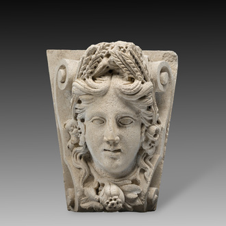 A large French architectural carved stone fragment with the head of Ceres, 19th C.