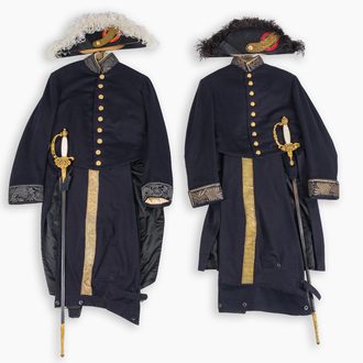 Two Belgian ceremonial costumes with bicorn hats and sables, 19th/20th C.