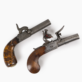 A French flint pocket pistol and a Liege percussion pocket pistol, both with engraved case lock, 19th C.