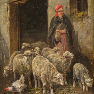 Henry Schouten (1860-1927): Farmer with her flock of sheep in the yard, oil on panel