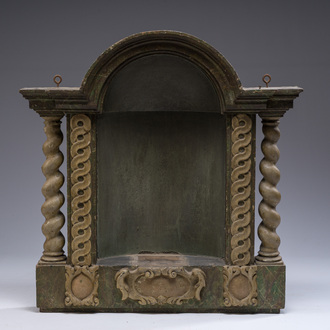A patinated and faux marble wooden niche with Solomonic columns, 18th/19th C.