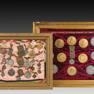 Two framed collections of medals and awards won in Belgian sports and baking competitions, 20th C.