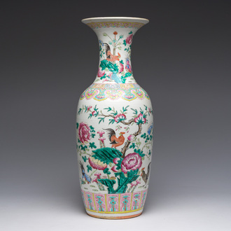 A Chinese famille rose vase with roosters among blossoming branches, 19th C.