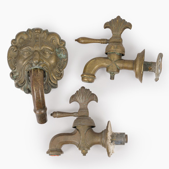 A grotesque bronze fountain mouth and two taps, probably Italy, 17th C.