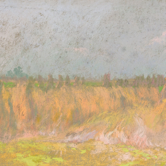 Rodolphe De Saegher (1871-1941): Summer landscape with haystacks, pastel on paper