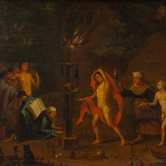 Flemish school, circle of Charles Emmanuel Biset (1633-1710): Wizards and witches by torchlight during a black mass, oil on canvas, late 17th C.