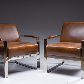 A pair of brown leather and chrome-plated steel 'Novatrend' armchairs, 20th C.
