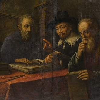 European school: Interior with a meeting of scholars, oil on canvas, 19th C.