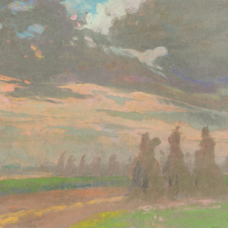 Rodolphe De Saegher (1871-1941): Landscape with haystacks, pastel on paper, dated 1927
