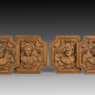 Four fine Liège oak reliefs with busts of men and women, 18th C.