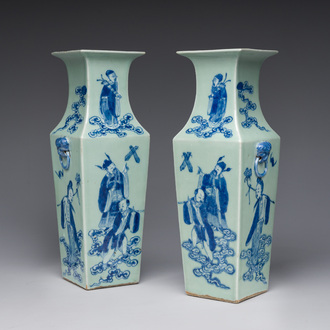 A pair of Chinese square blue and white celadon ground 'Eight Immortals' vases, 19th C.