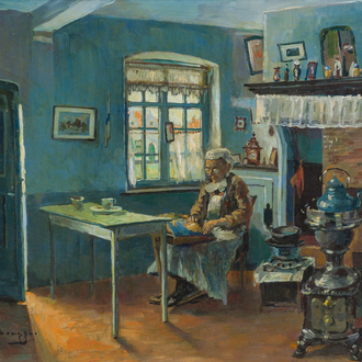 Charles Verbrugghe (1877-1974): Interior with a lady, oil on board