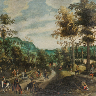 Sebastiaen Vrancx (1573–1647): A hilly and wooded landscape with soldiers travelling and resting on the road, oil on canvas, ca. 1608-1609