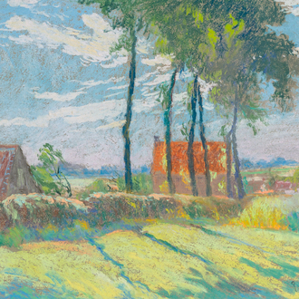 Rodolphe De Saegher (1871-1941): Summer landscape with houses and a row of trees, pastel on paper