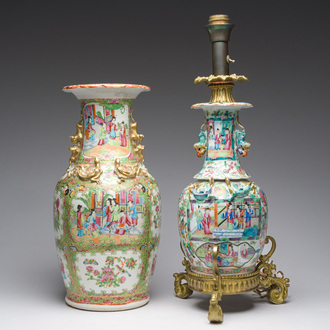 Twee Chinese Kanton famille rose vazen met paleisscènes en floraal decor, waarvan één omgevormd tot lamp, 19de eeuw
