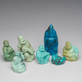 Zeven Chinese figuren in turkoois, 19de/20ste eeuw