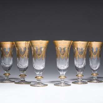 Zes Italiaanse kristallen champagneglazen met deels verguld decor, 20ste eeuw