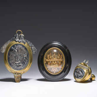 A Flemish silver 'Golgotha' ex-voto, a brass and silver 'Lamb of God' holy water font and a relic of Marg.-Marie Alacoque with filigree, 18th/19th C.