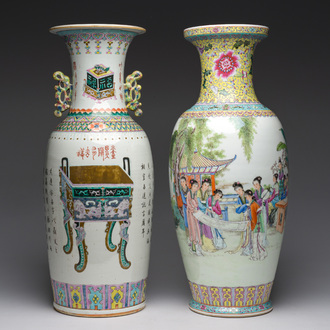 A Chinese famille rose 'antiquities' vase and a vase with figures in a garden, 19th/20th C.