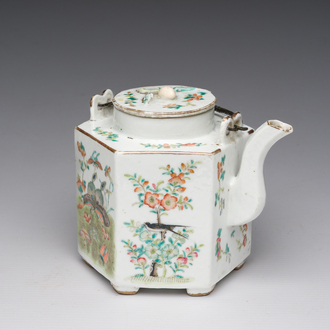 A Chinese hexagonal famille rose 'magpies and butterflies' teapot and cover, Tongzhi mark and of the period