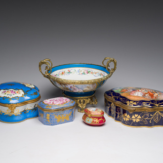 Four Sevres style porcelain boxes and a gilt bronze-mounted bowl, 20th C.
