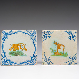 Two polychrome Dutch Delft tiles with a sheep and a bear, 17th C.