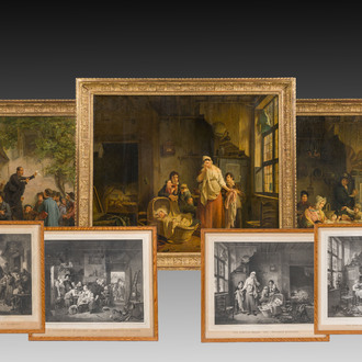 Joseph Geirnaert (1790-1859): Two interiors and a public speech, oil on canvas, dated 1830/1831, added four lithographs