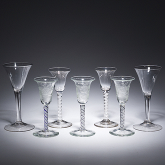 A varied collection of seven glasses, three of which with etched floral design, 18th/19th C.