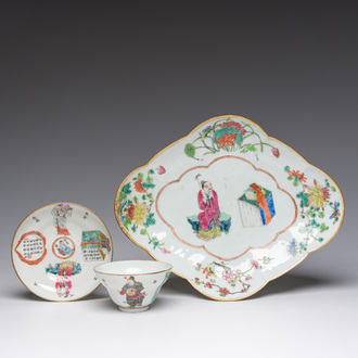 A Chinese famille rose Wu Shuang Pu bowl and a cup and saucer, Tongzhi mark and of the period