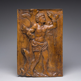A carved wooden relief with Saint Sebastian, probably Southern Europe, 17th C.