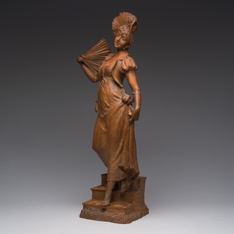 Dominique Van Den Bossche (1854-1906): Young lady with a fan descending the stairs, patinated terracotta, dated 1900