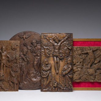 Four carved wooden religious subject panels, 17th C.