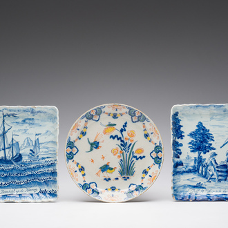Two square blue and white Dutch Delft 'herring fishery' dishes and a polychrome 'quails' plate, 18th/19th C.