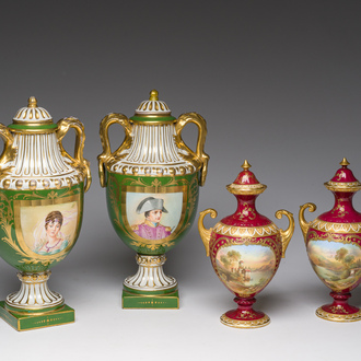 A pair of French gilt porcelain covered vases depicting Napoleon and Joséphine and a pair of English ones with landscapes, 19th/20th C.