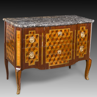A French parquetry chest of drawers with gilt bronze mounts and grey marble top, 18th C.