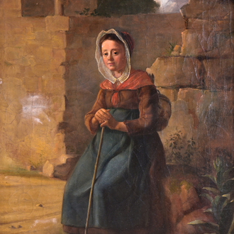 European school, illegibly signed: Girl resting at the cemetery, oil on canvas, 19th C.