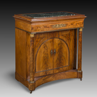 A French Empire style gilt bronze mounted two-door mahogany cabinet with a green marble top, 19th C.