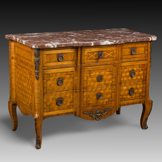 A French Transition style bronze mounted marquetry chest of drawers with red marble top, marked Faubourg Saint Antoine, 19th C.
