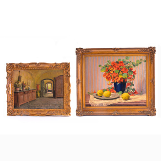 Albert Caullet (1875-1950): Interior & Still life with flowers and lemons, oil on canvas