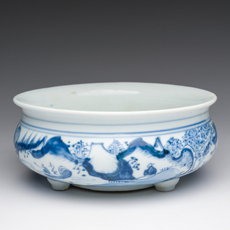 A Chinese blue and white tripod censer with figures in a landscape, 19th C.