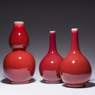 A pair of Chinese langyao bottle vases and a double gourd vase, Qianlong mark, 20th C.