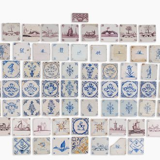 64 blue and white, manganese and polychrome Dutch Delft tiles, 17th/19th C.
