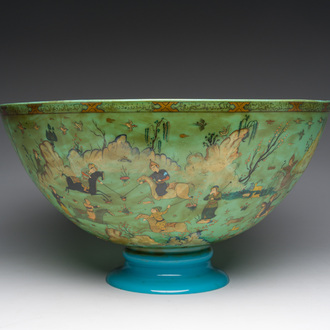 A large turquoise glass bowl painted with battle, hunting and polo scenes, Qajar, Iran, 19th C.