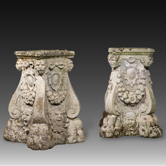 A pair of carved stone pedestals in the Neo-Renaissance style, 19th C.
